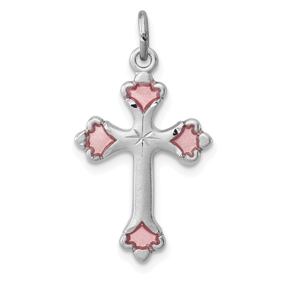 Sterling Silver 3/4in Pink Enameled Budded Cross
