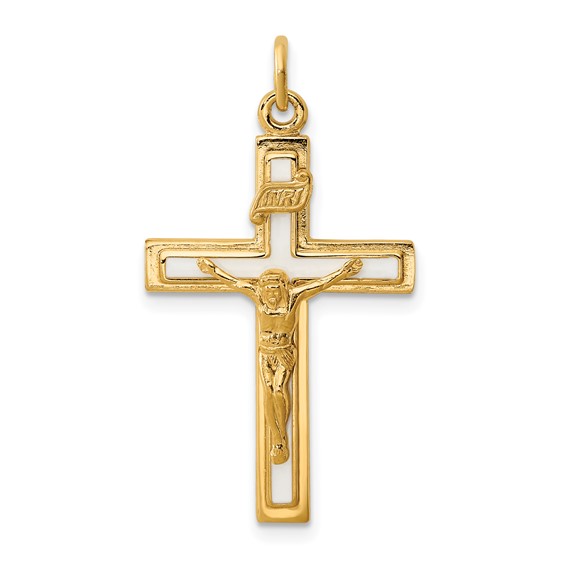 Gold-plated Sterling Silver 1in White Enamel Crucifix Pendant