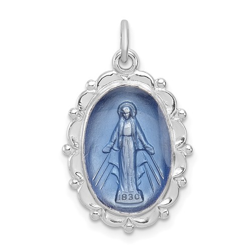 Sterling Silver 3/4in Blue Epoxy Miraculous Medal