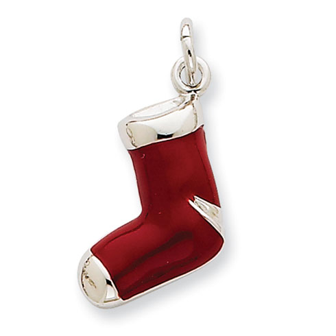 Sterling Silver Rhod Enameled Red Stocking Charm