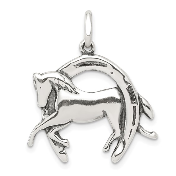 Sterling Silver 3/4in Antiqued Horse in Horseshoe Charm