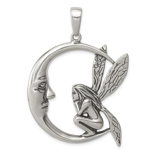 Sterling Silver 1 1/2in Antiqued Moon Fairy Pendant