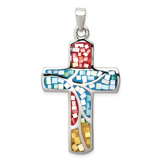 1 1/2in Mulitcolored Shell Cross - Sterling Silver
