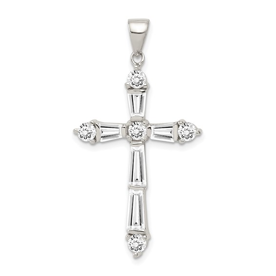 Sterling Silver 1 1/4in Cubic Zirconia Fancy Cross