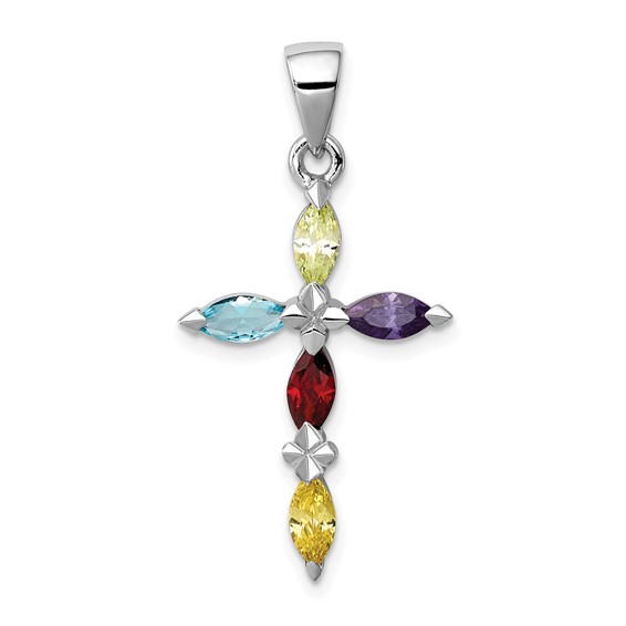 Sterling Silver 1in Multi-Color Marquise-cut CZ Cross Pendant