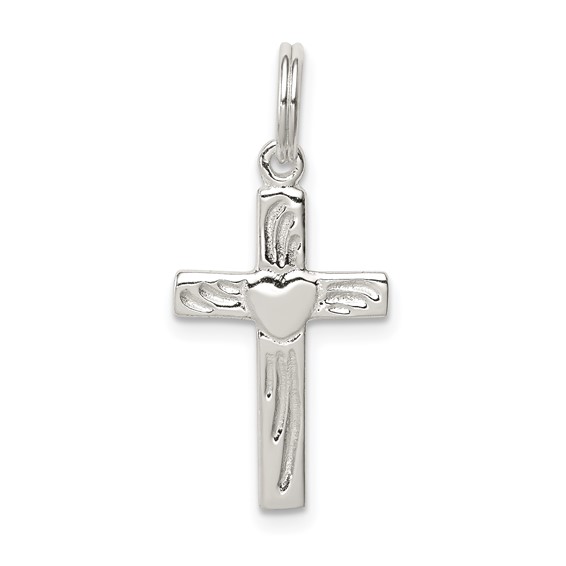 Sterling Silver Diamond-cut Cross Charm with Heart 3/4in