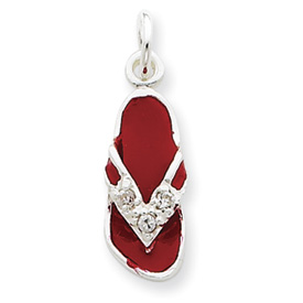 Sterling Silver CZ and Red Enameled Flip Flop Charm