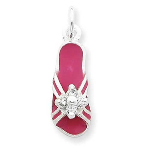 Sterling Silver CZ and Pink Enamel Striped Flip Flop Charm