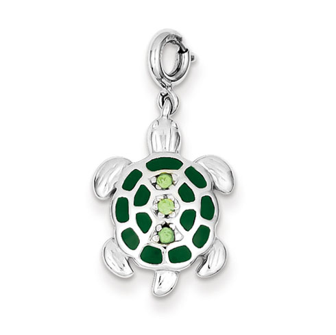Sterling Silver 3/4in Green Crystal and Enameled Turtle Charm