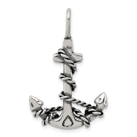 Sterling Silver 1.25in 3D Antiqued Anchor and Rope Pendant