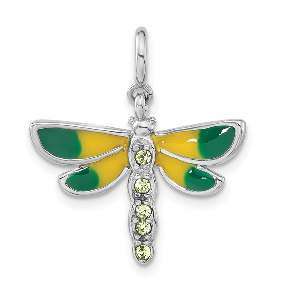 Sterling Silver 3/4in Green CZ Enameled Dragonfly Charm