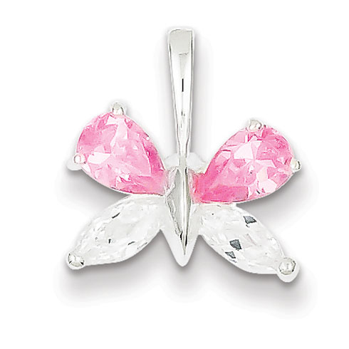 Sterling Silver Pink and Clear CZ Butterfly Pendant