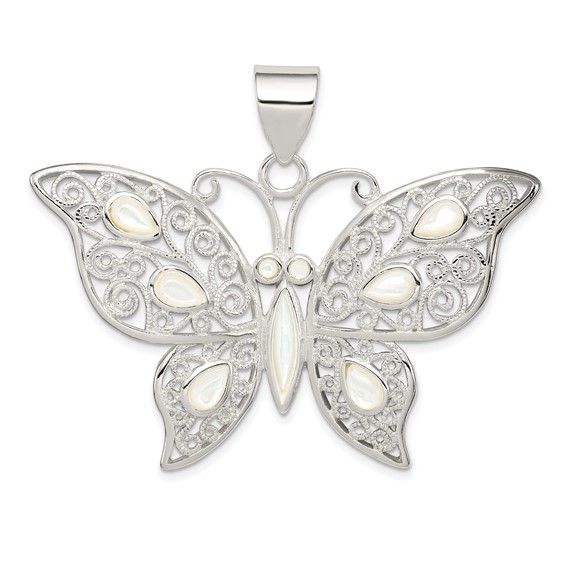 Sterling Silver Mother of Pearl Fancy Butterfly Pendant