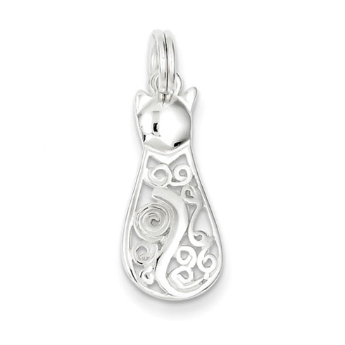 Sterling Silver Fancy Cat Charm 7/8in