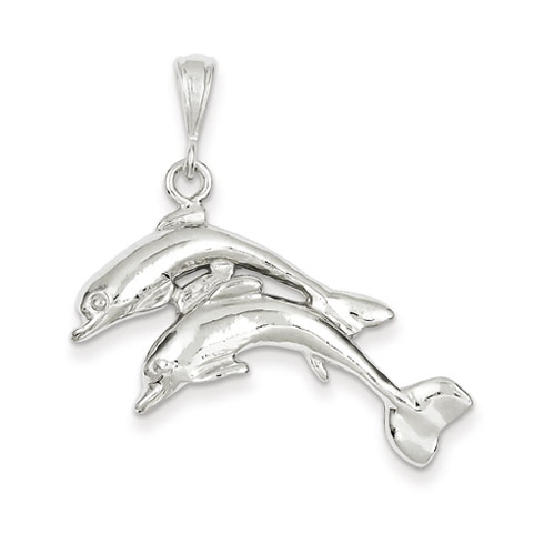 Sterling Silver 7/8in Two Swimming Dolphins Pendant