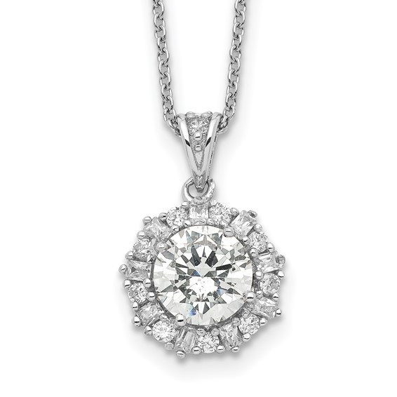 Sterling Silver CZ Round Baguette Halo Necklace 18in