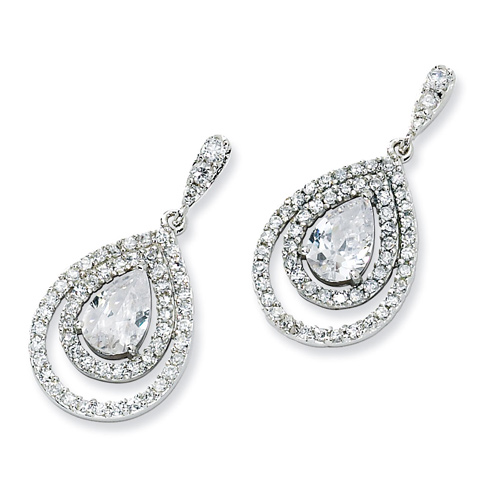 Sterling Silver Pear CZ Double Halo Dangle Earrings