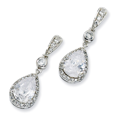 Sterling Silver Pear CZ Dangle Post Earrings