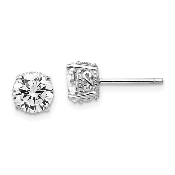 Sterling Silver 6.5mm CZ Stud Earrings with Scroll Design