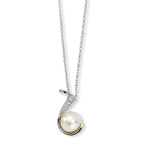 Sterling Silver CZ White Cultured Pearl Swirl 18in Necklace