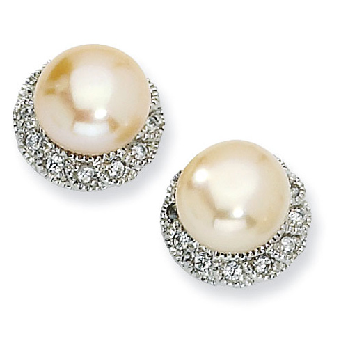 Sterling Silver CZ Pink Cultured Pearl Stud Earrings