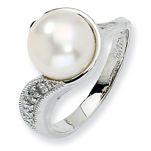 Sterling Silver CZ White Cultured Pearl Ring