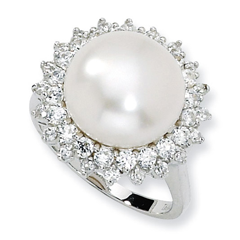 Sterling Silver CZ Halo-Style Cultured Pearl Ring