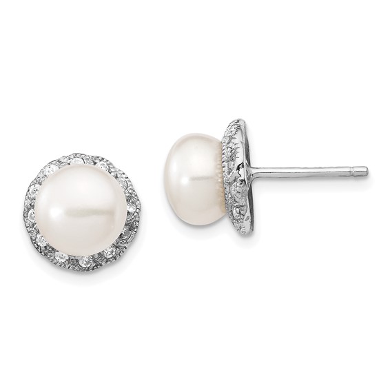 Sterling Silver CZ White Cultured Pearl Stud Earrings