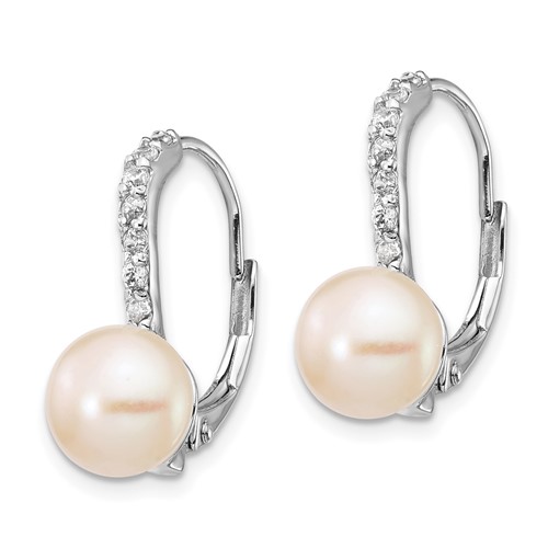 Sterling Silver CZ Cultured Pearl Button Leverback Earrings