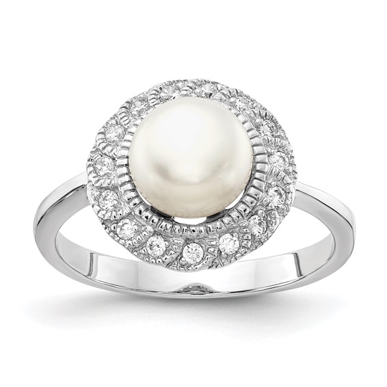 Sterling Silver Halo Style CZ White Cultured Pearl Ring
