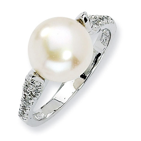 Sterling Silver 10mm White Cultured Pearl Ring with CZs