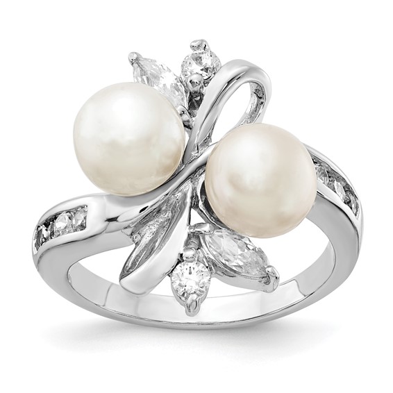 Sterling Silver CZ White Cultured Pearl Leaves Ring