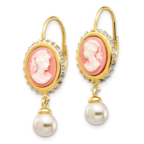 Gold-plated Sterling Silver Glass Pearl Cameo CZ Leverback Earrings