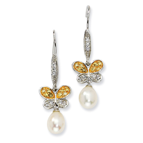 Sterling Silver CZ Cultured Pearl Butterfly Dangle Earrings