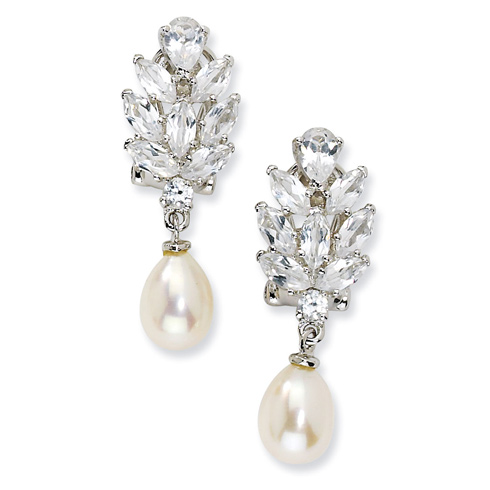 Sterling Silver Marquise-cut CZ Cultured Pearl Omega Back Earrings