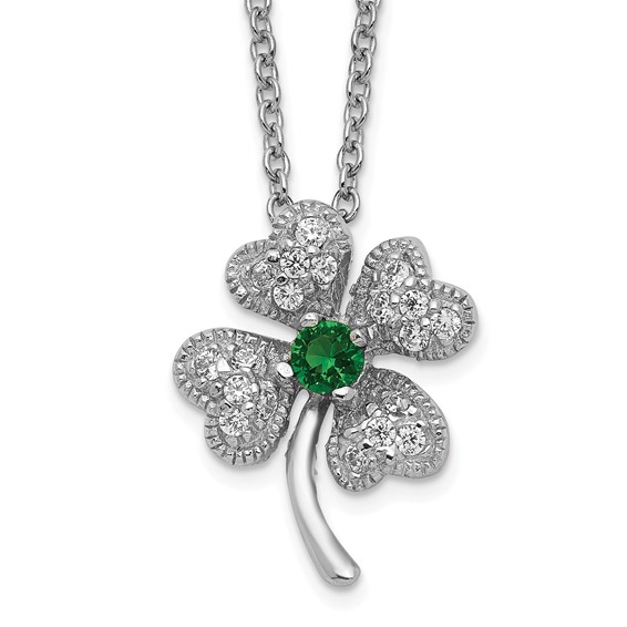 Sterling Silver Child's Green CZ 4-leaf Clover 15in Necklace