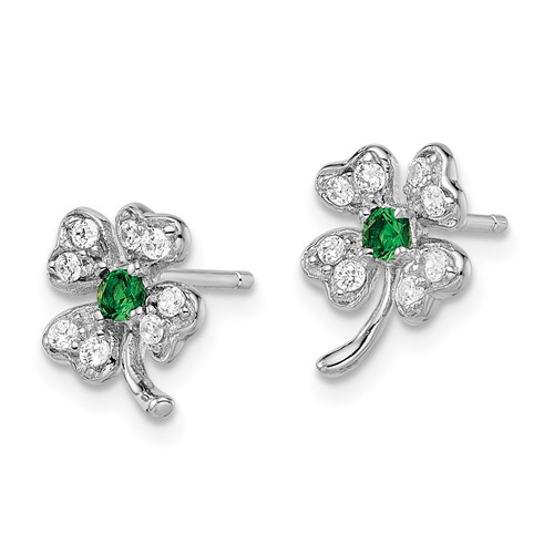 Sterling Silver Simulated Emerald CZ 4-leaf Clover Post Earrings
