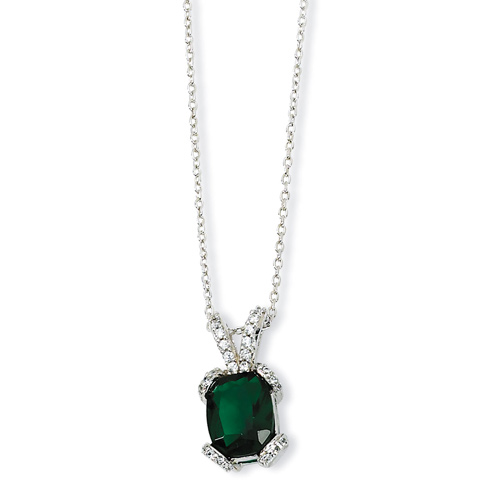 Sterling Silver Simulated Emerald & CZ 18in Necklace