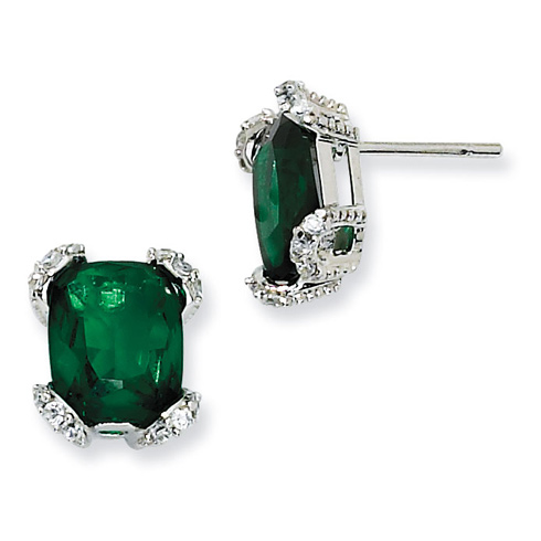 Sterling Silver Simulated Emerald & CZ Post Earrings