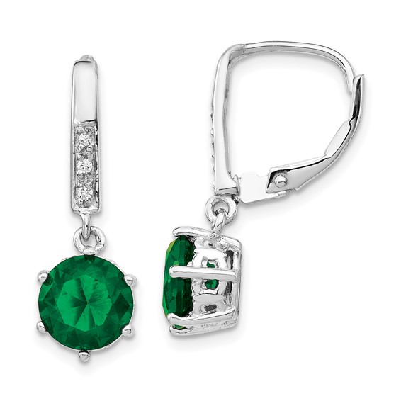 Sterling Silver Simulated Emerald & CZ Leverback Earrings