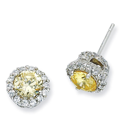 Sterling Silver Canary & White CZ Round Post Earrings