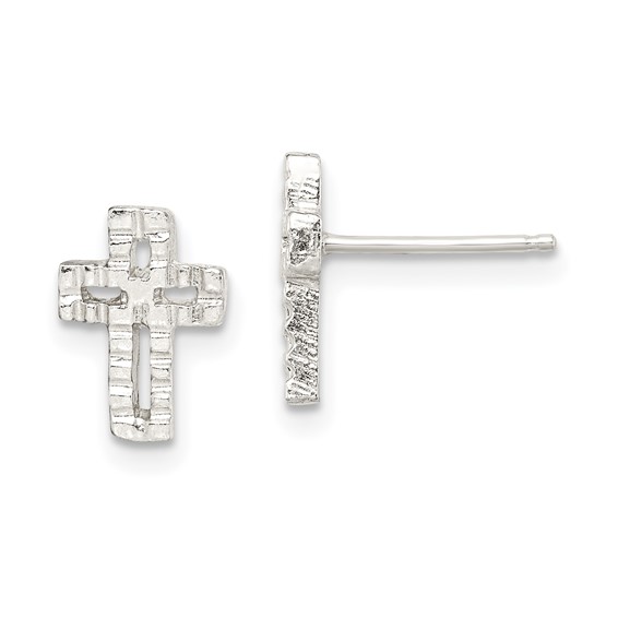 Sterling Silver 3/8in Mini Textured Cross Earrings