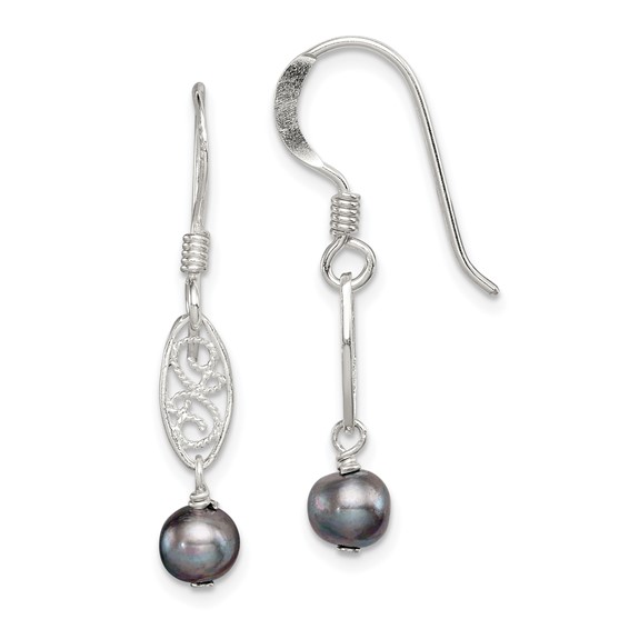 Sterling Silver Gray Cultured Pearl Filigree Dangle Earrings