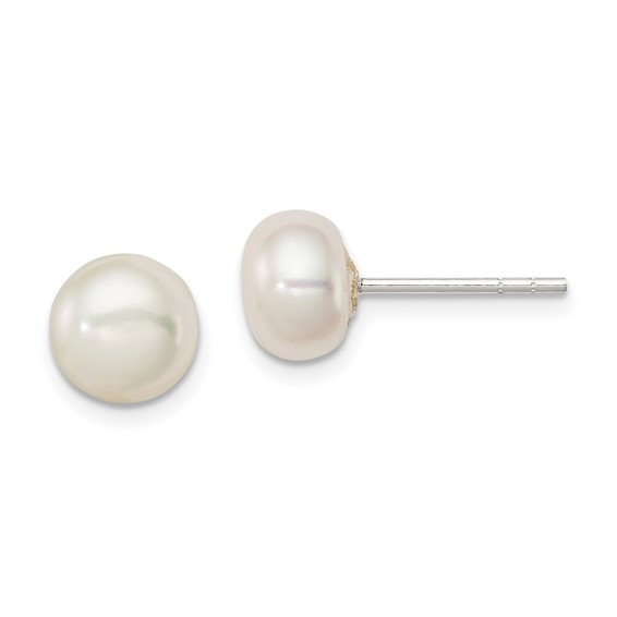 Sterling Silver 7.5mm White Freshwater Cultured Pearl Button Earrings