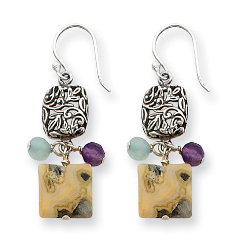 Sterling Silver Antiqued Amethyst Green Agate Jasper Earrings