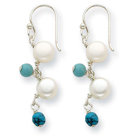 Sterling Silver Freshwater Cultured Button Pearl Turquoise Earrings