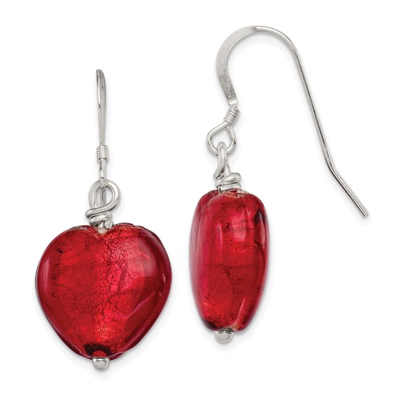 Sterling Silver Red Murano Glass Heart Earrings