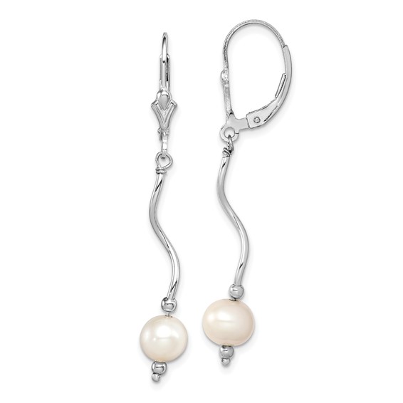 Sterling Silver Cultured Pearl Leverback Curved Dangle Earrings