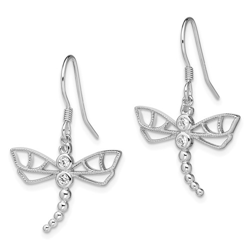 Sterling Silver CZ Dragonfly Shepherd Hook Earrings