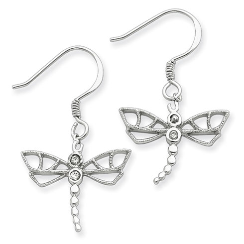Sterling Silver Large CZ Shepherd Hook Dragonfly Earrings